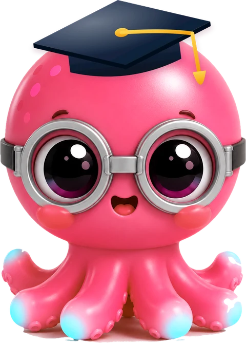 Otto, a pink octopus in a graduation cap and goggles