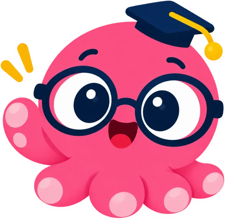 Otto, a pink octopus in a graduation cap and glasses, waving hello